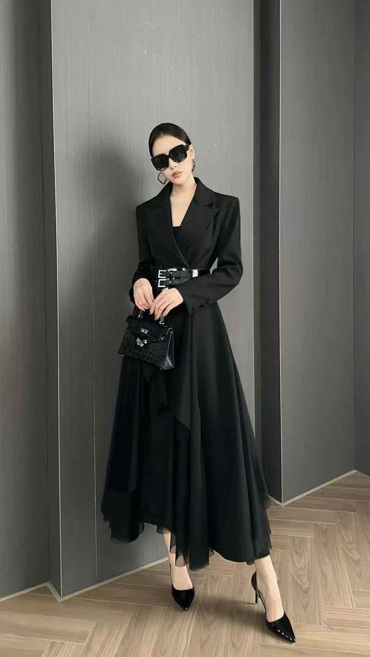 Chic Belted Trench Blazer Dress with Draped Tulle Accent