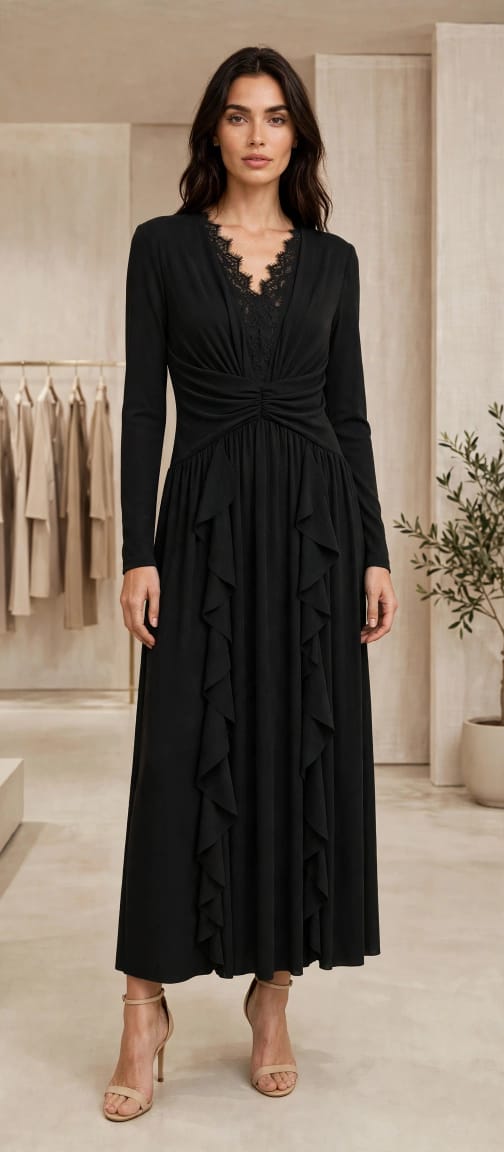 Lace-Trim Ruched Maxi Dress with Cascading Ruffles