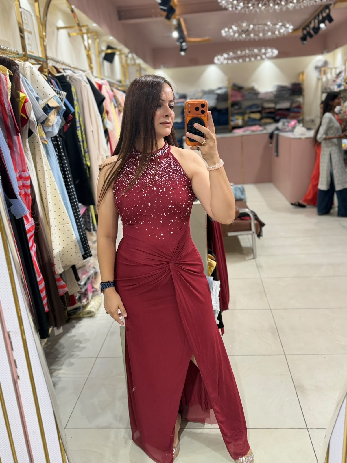 Women's Rhinestone Halter Neck Ruched Slit Maxi Party Dress