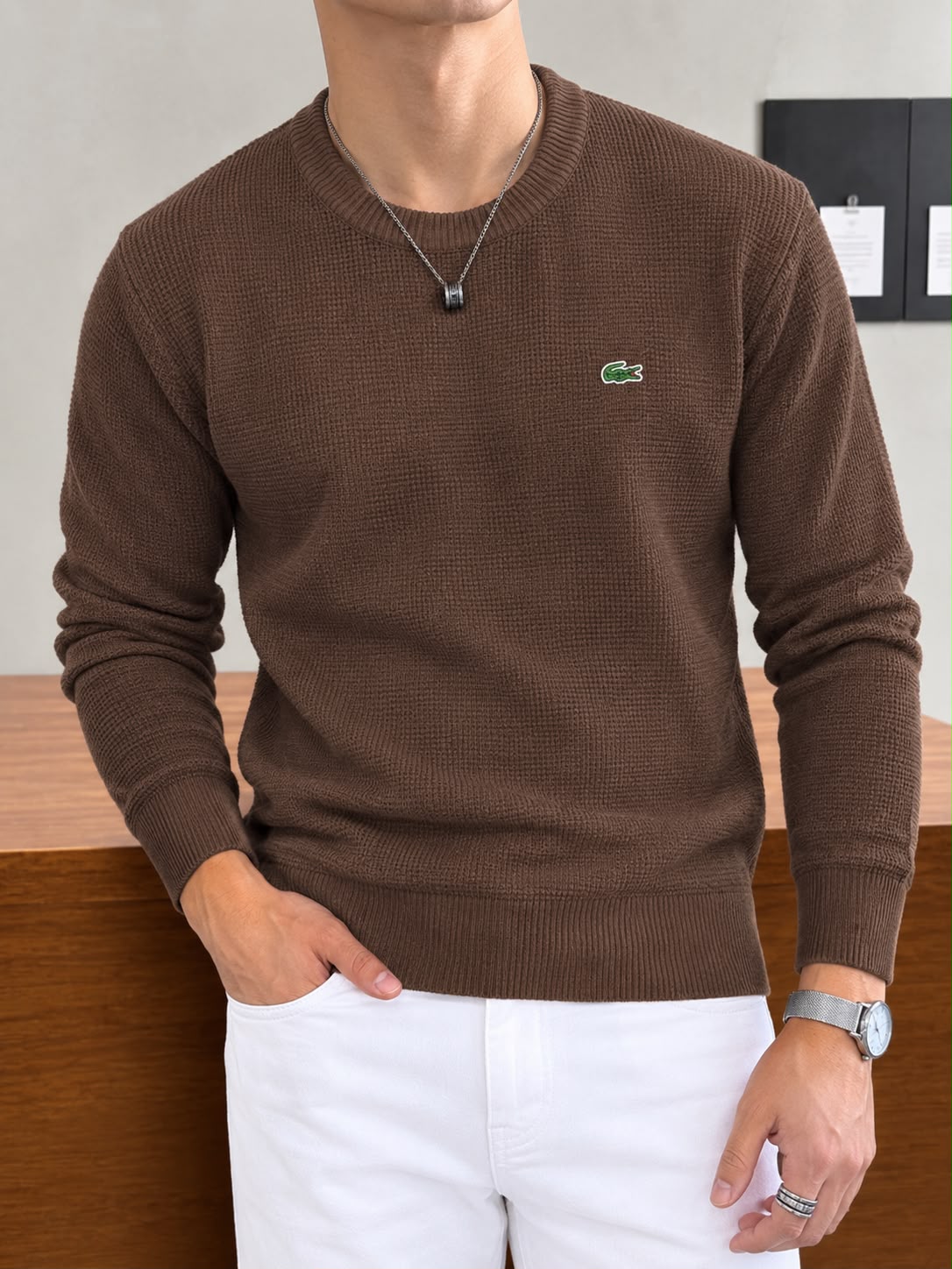 Textured Waffle-Knit Long-Sleeve Crewneck Sweater