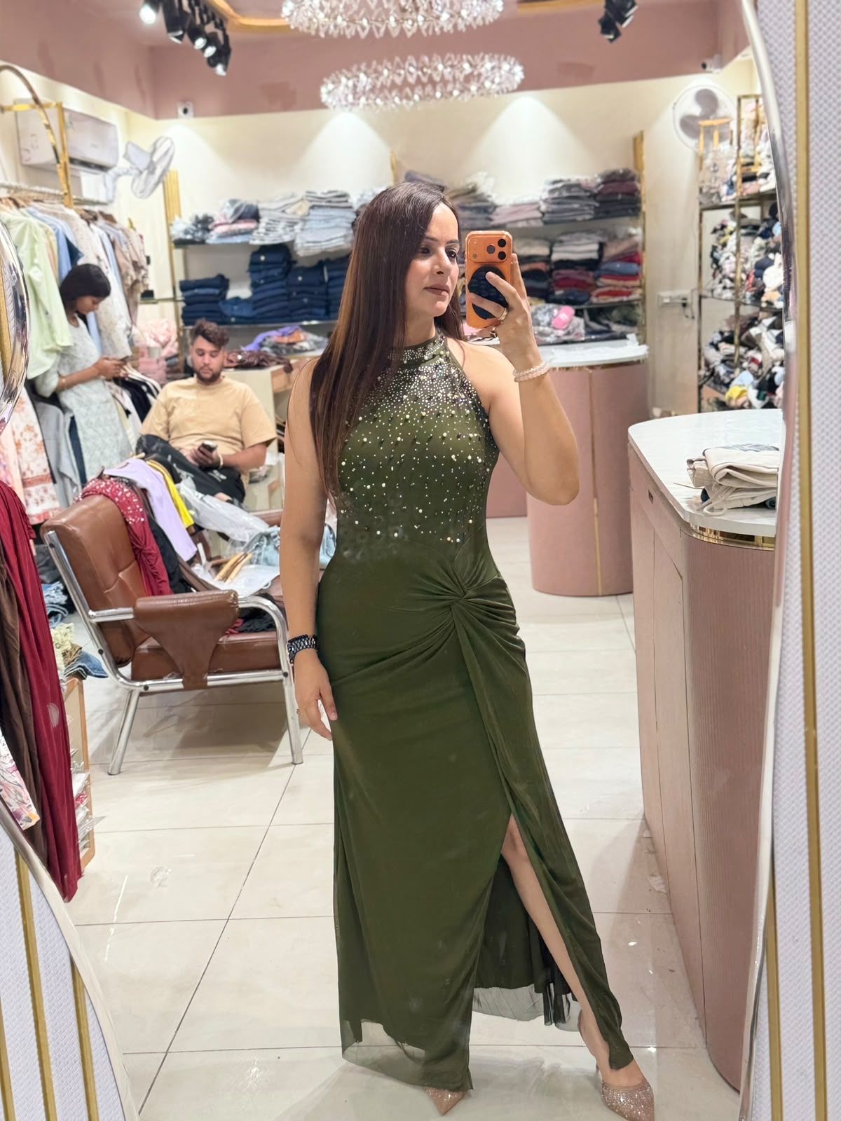 Women's Rhinestone Halter Neck Ruched Slit Maxi Party Dress