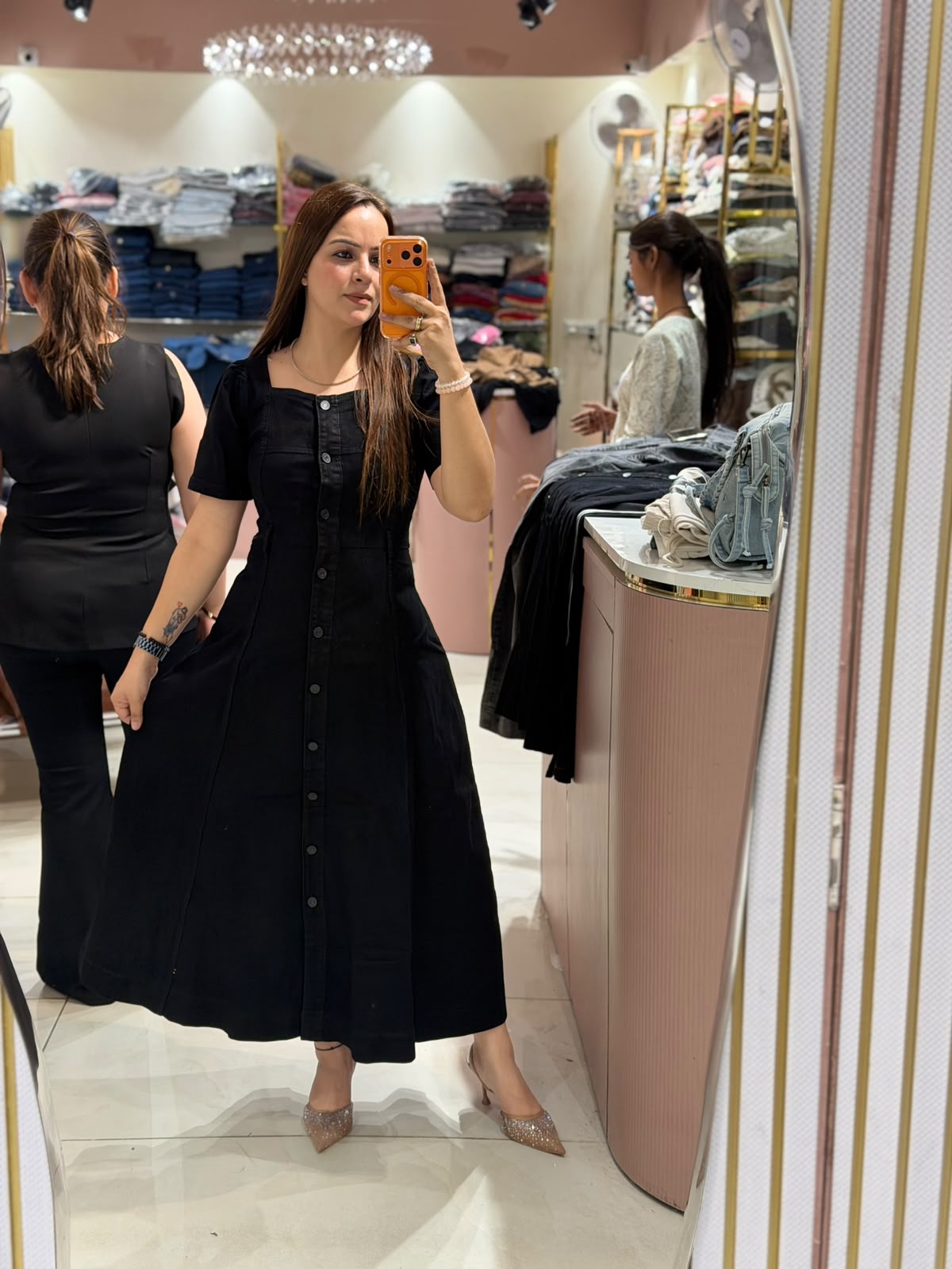 Premium Denim Button-Front Midi Dress