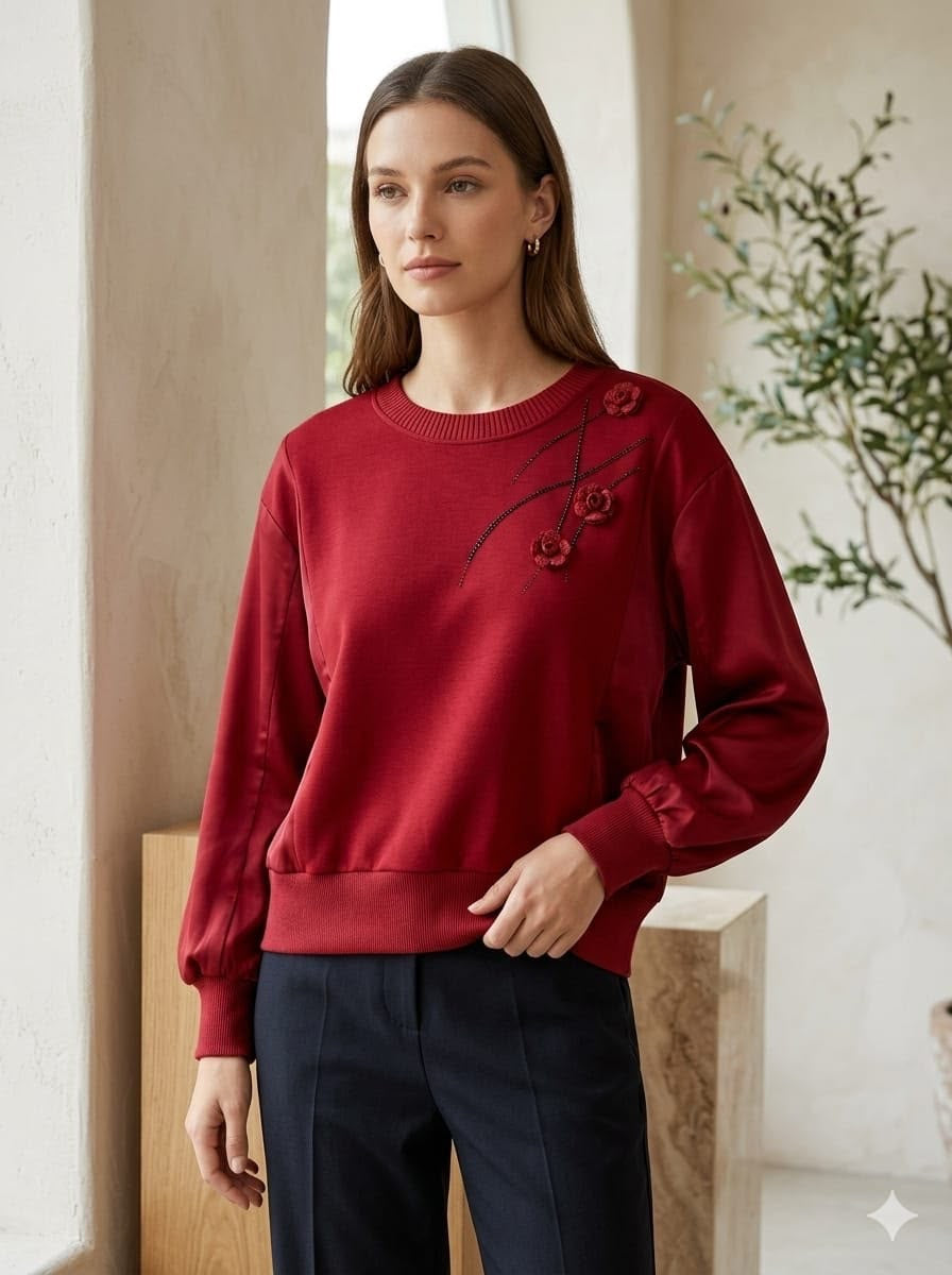 Floral Appliqué Satin-Sleeve Knit Sweater