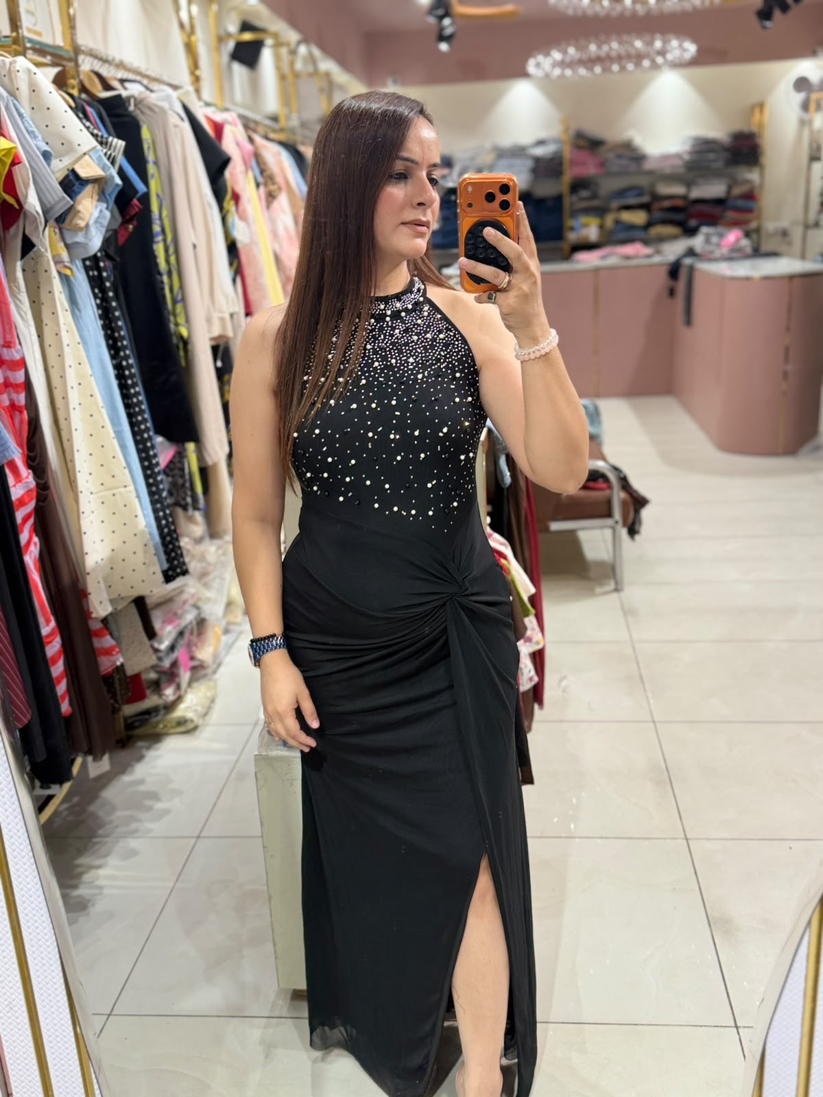 Women's Rhinestone Halter Neck Ruched Slit Maxi Party Dress