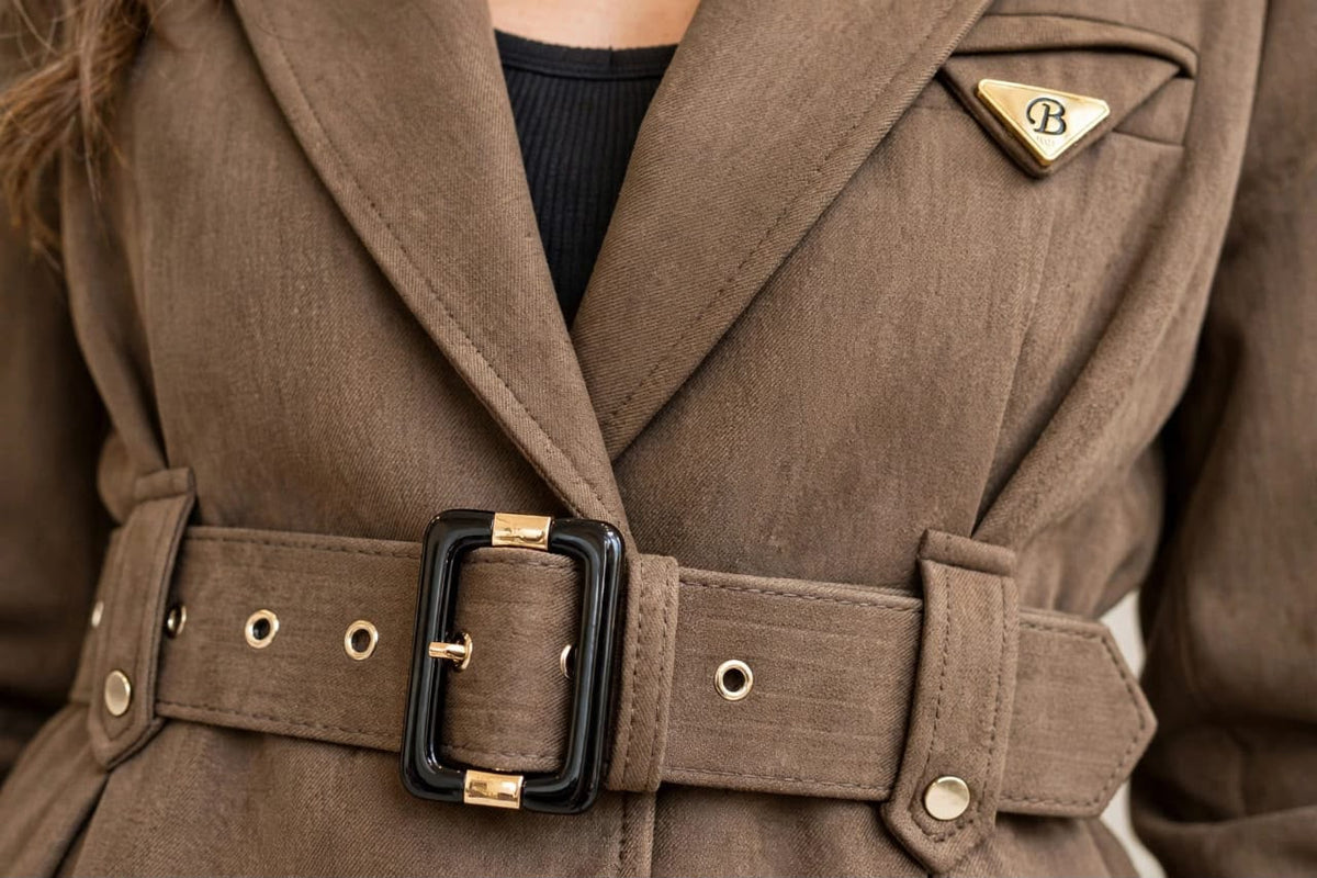 Elegant Belted Blazer Blank & Brown