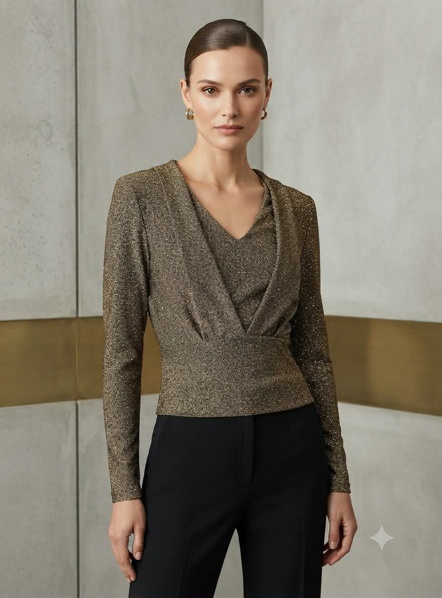 Women's Metallic Shimmer Draped V-Neck Long-Sleeve Top