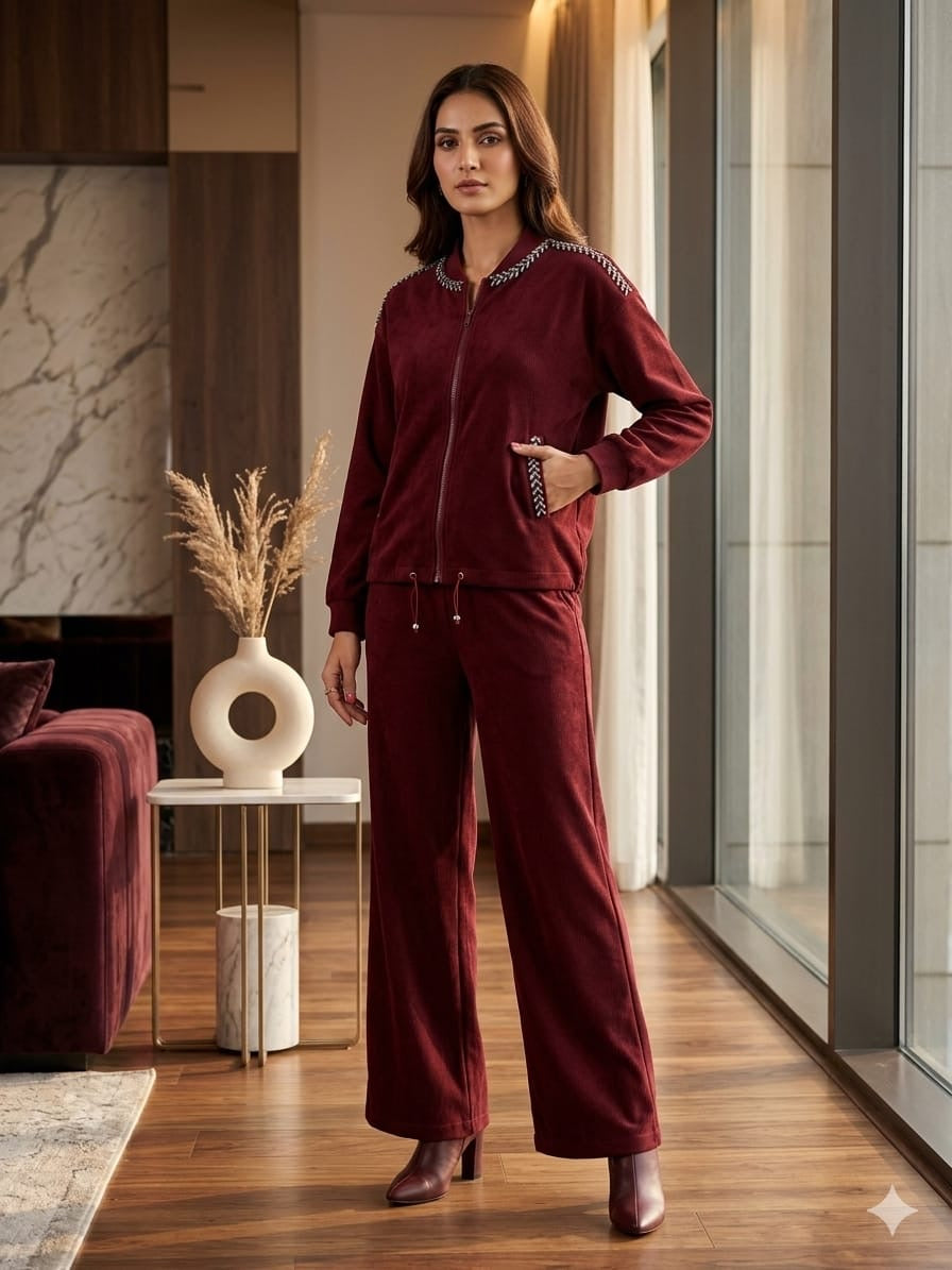 Embellished Velour Zip-Front Tracksuit Set