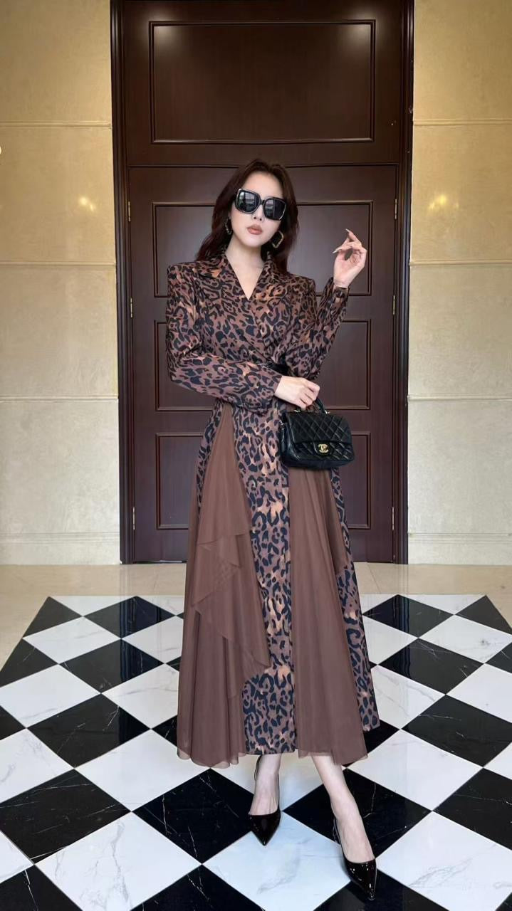 Chic Belted Trench Blazer Dress with Draped Tulle Accent