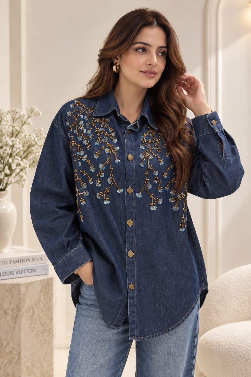 Embellished Denim Oversized Shirt