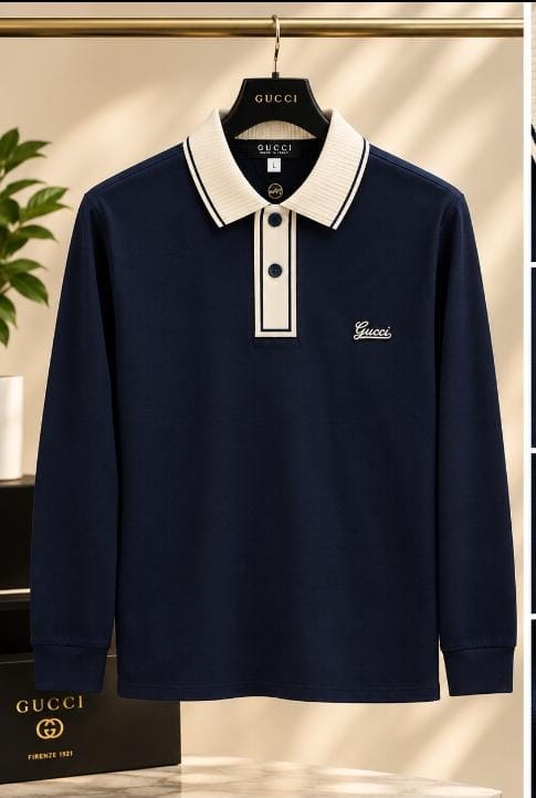 Men's Script Embroidered Long-Sleeve Contrast Polo Shirt