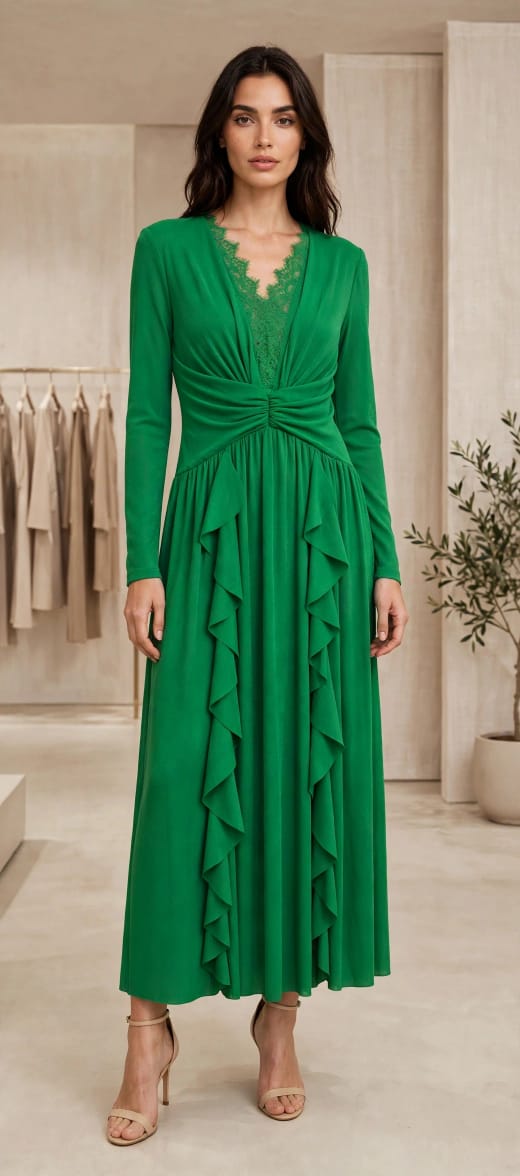 Lace-Trim Ruched Maxi Dress with Cascading Ruffles