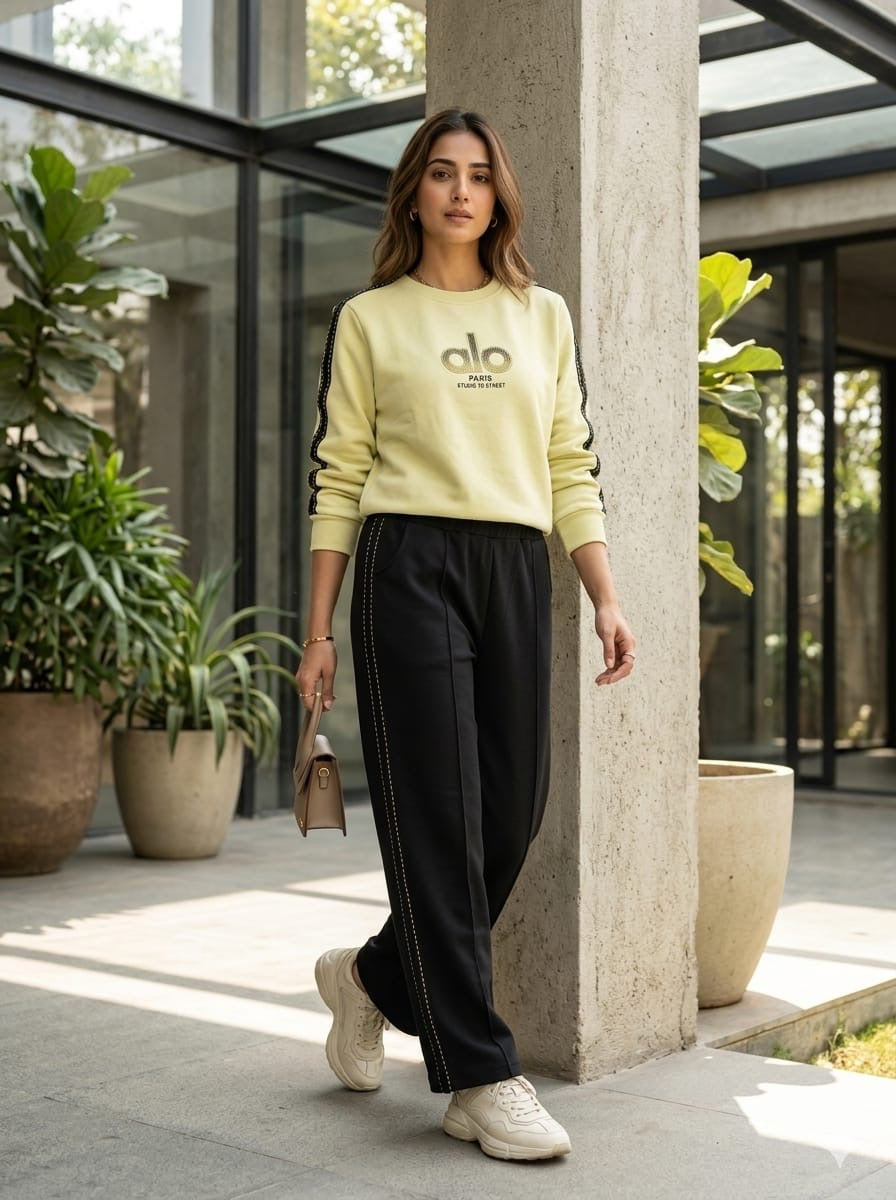 Studded Side-Stripe Crewneck Sweatshirt & Wide-Leg Track Pants Set