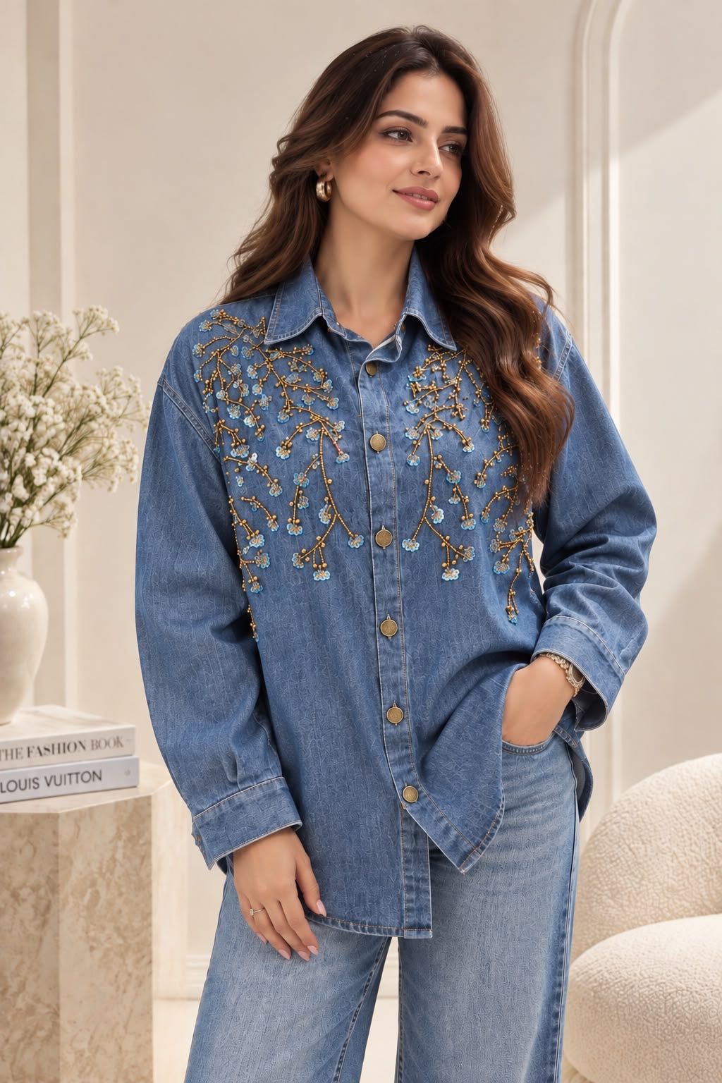 Embellished Denim Oversized Shirt