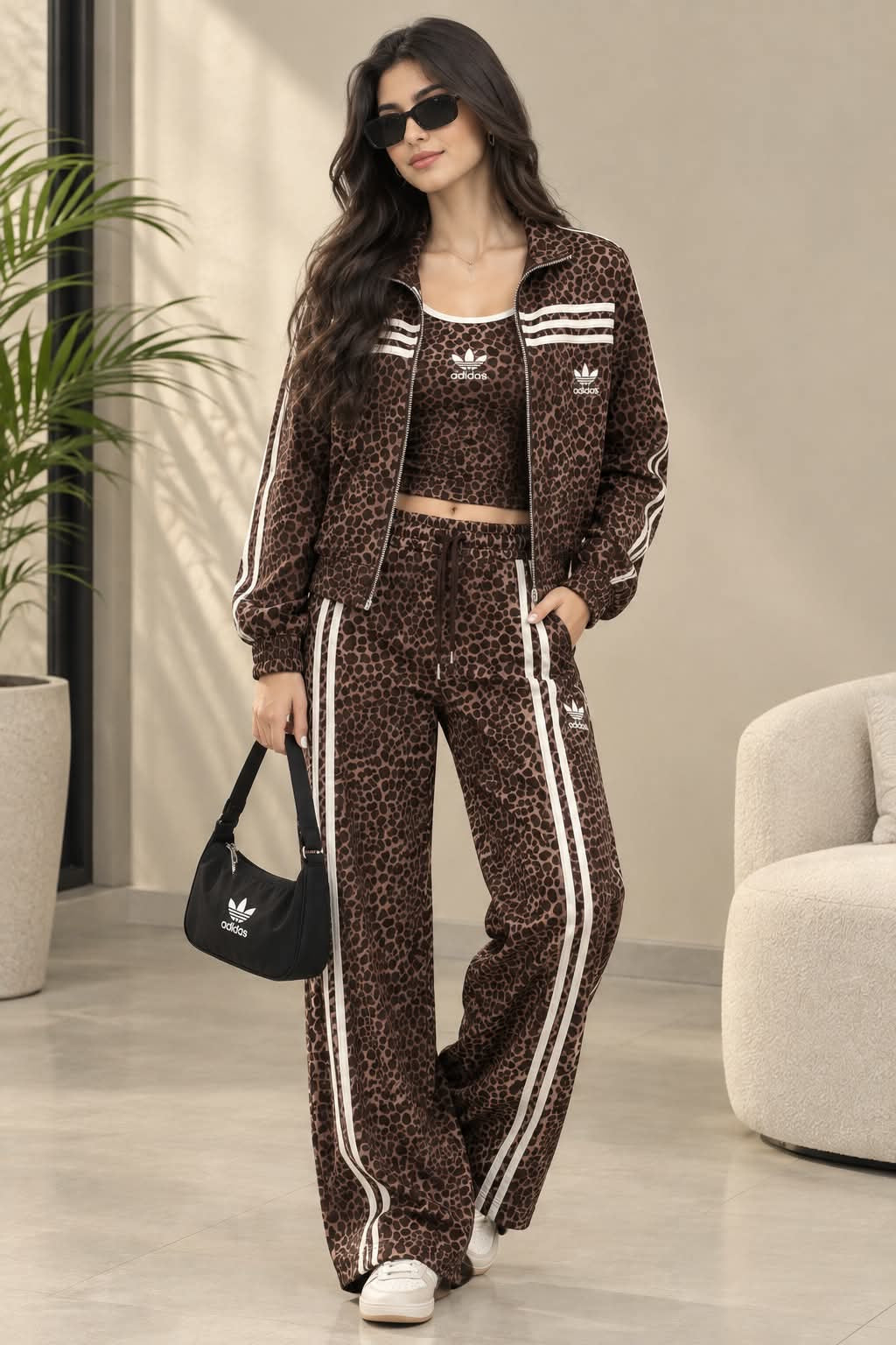 Women's Animal Print 3-Piece Tracksuit & Crop Tank Set