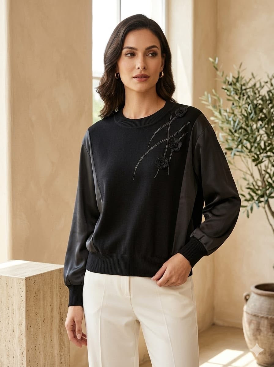 Floral Appliqué Satin-Sleeve Knit Sweater