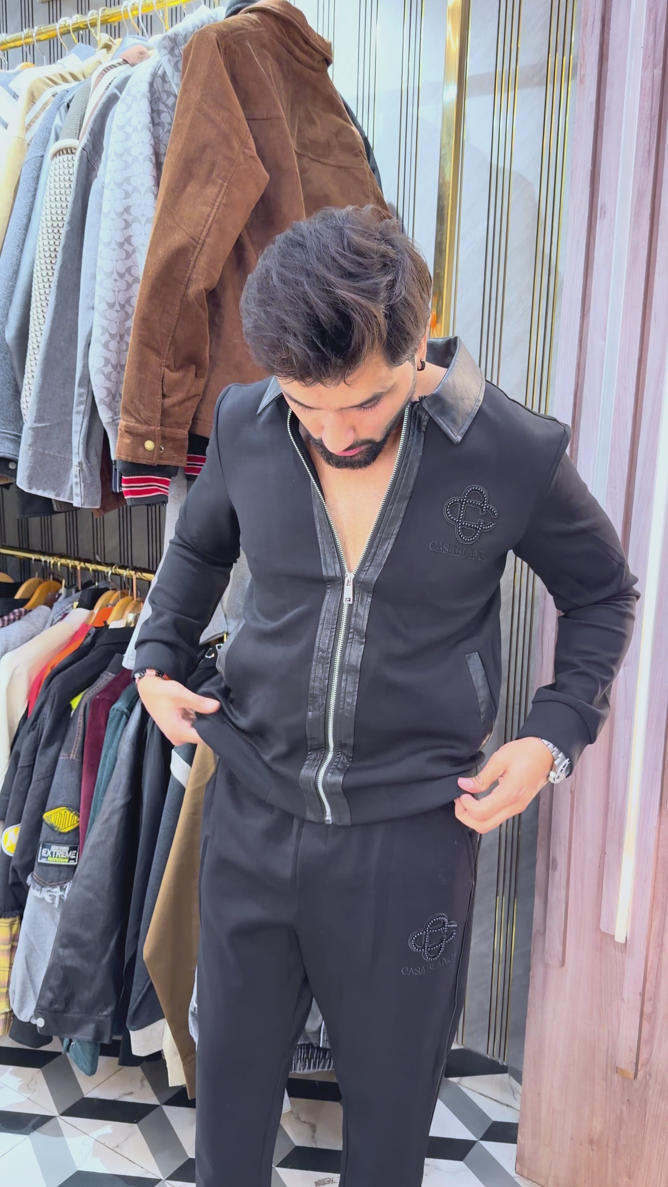 Men’s Luxury Leather-Trim Zip-Up Tracksuit Set – Full-Zip Jacket with Leather Collar & Matching Trousers